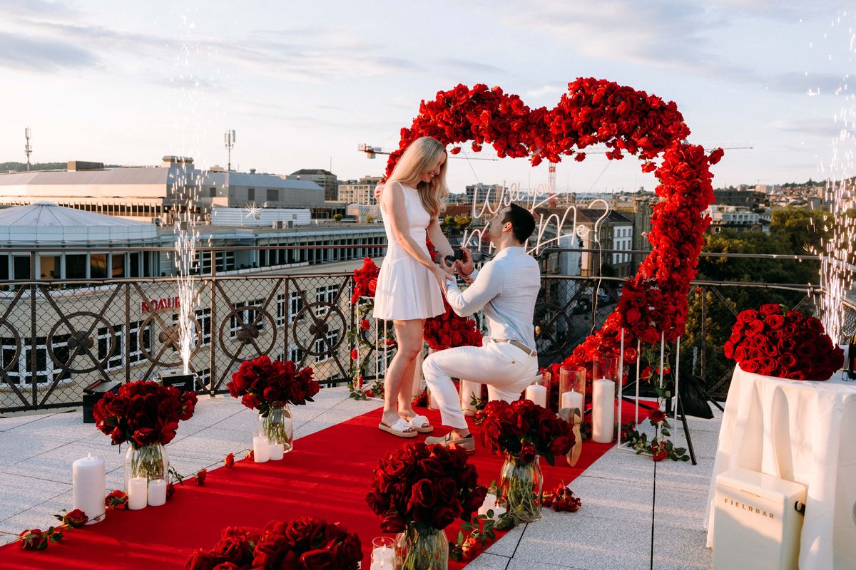 Marriage proposal in Zurich – rooftop with red heart and spectacular fireworks display