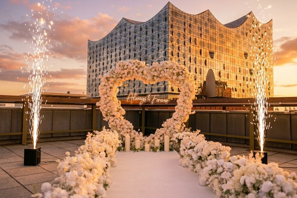 Marriage proposal in Hamburg – Elbphilharmonie with white heart and fireworks at sunset