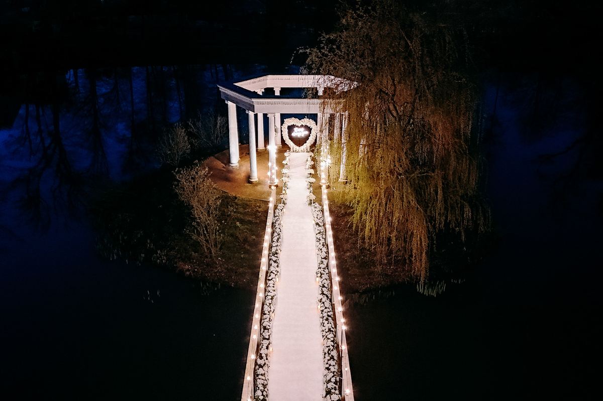 Marriage proposal at Niederwaldtempel – drone aerial view of beautifully illuminated pathway